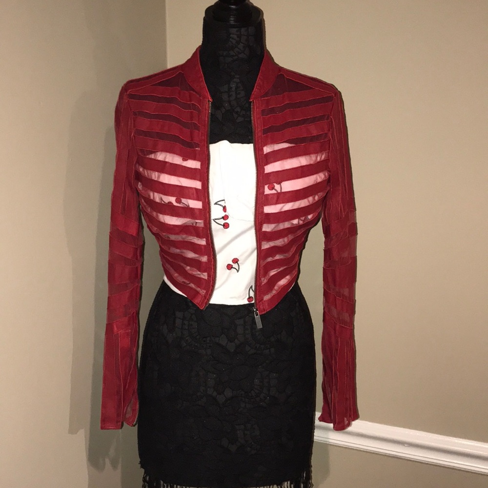 Red Leather x Mesh crop jacket